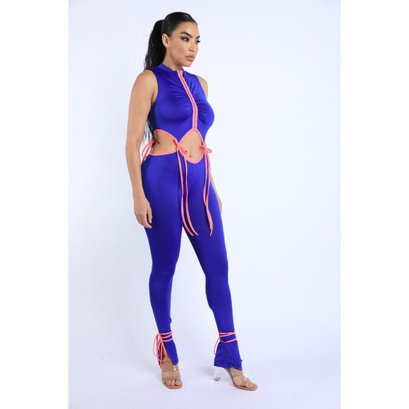 Hollow Out Patchwork Women String Tie Jumpsuit Zipper Sleeveless Bodycon - Picture 8 of 10